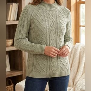 Jeanne Pierre Sage Green 100% Cotton Cable Knit Mock Neck Sweater Large